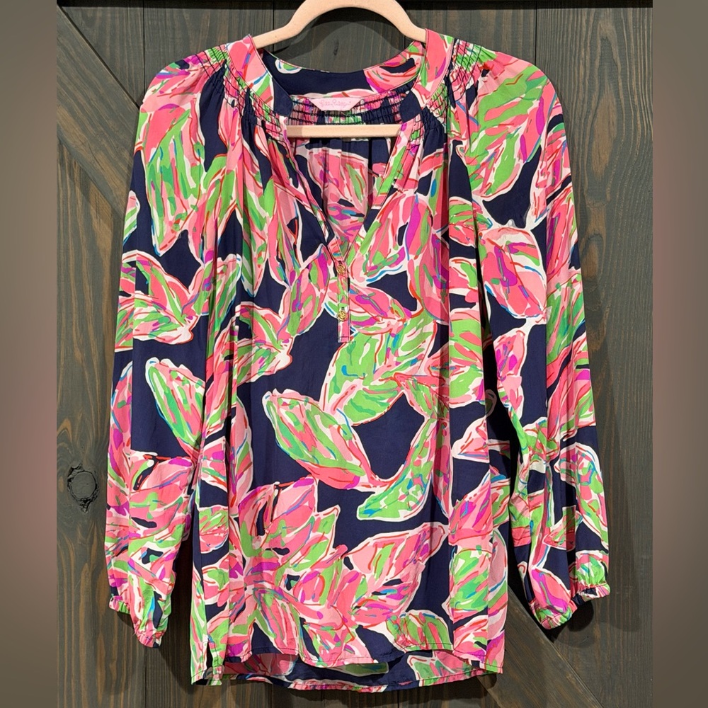 Lilly Pulitzer Women’s Elsa Long Sleeve Top Floral Navy In The Vias Silk Small